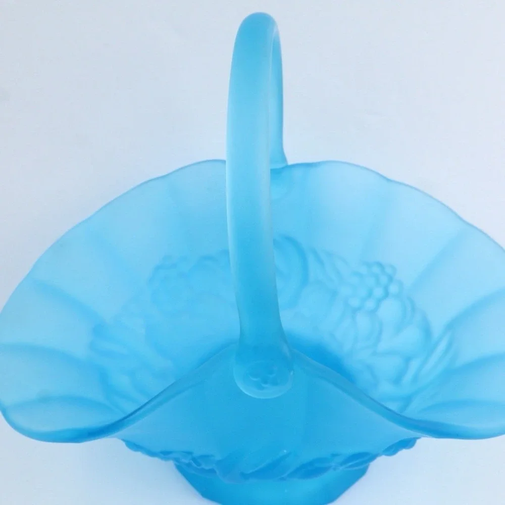 VTG Satin Blue Indiana‎ Glassware Raised Fruits Design Basket Decorative MCM